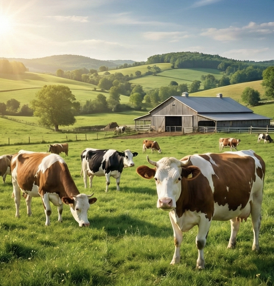 Our farm with cattle grazing in green pastures